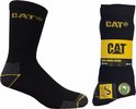 Een zwarte CAT werksok en een verpakking van 3 paar zwarte CAT sokken.