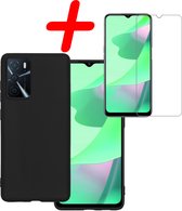 Hoes Geschikt voor OPPO A16 Hoesje Siliconen Back Cover Case Met Screenprotector - Hoesje Geschikt voor OPPO A16 Hoes Cover Hoesje - Zwart