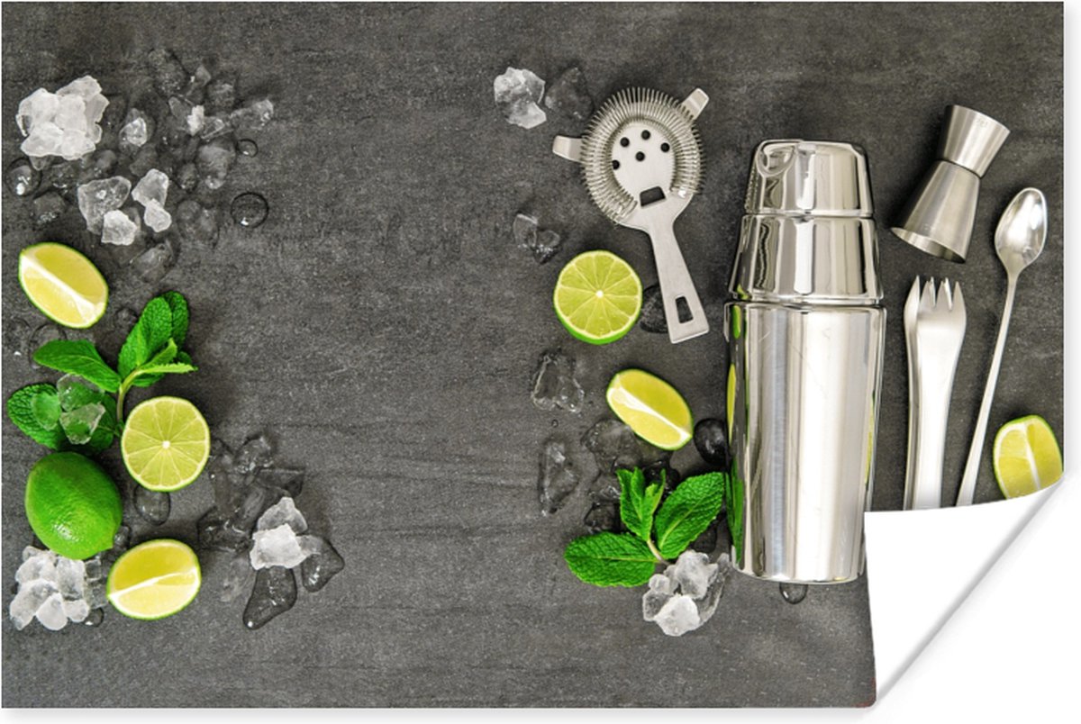 Poster Cocktail shaker - IJsblokjes - Fruit - 120x80 cm