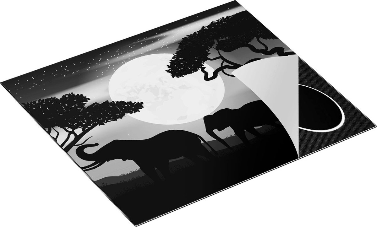 Chefcare Inductie Beschermer Olifanten Silhouet tijdens Volle Maan - Zwart Wit - 60x55 cm - Afdekplaat Inductie - Kookplaat Beschermer - Inductie Mat