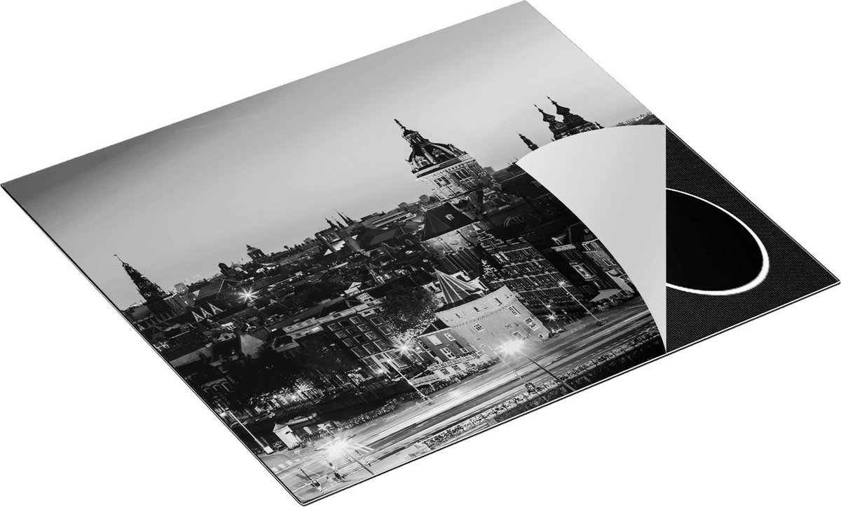 Chefcare Inductie Beschermer Amsterdam Skyline bij Zonsondergang - Zwart Wit - 60x52 cm - Afdekplaat Inductie - Kookplaat Beschermer - Inductie Mat