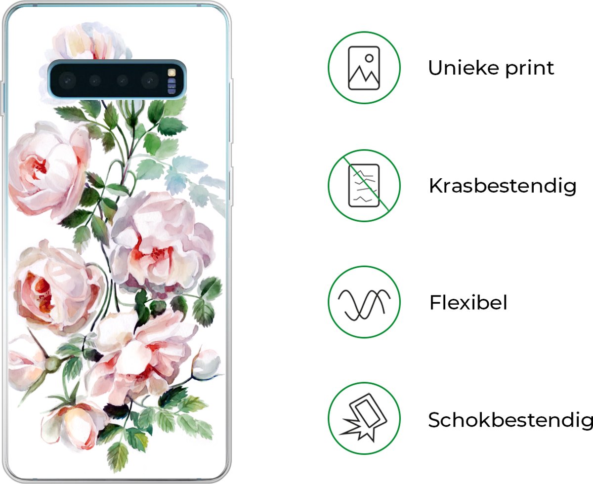 Telefoonhoesje Geschikt voor Samsung Galaxy S10 Plus hoesje - Waterverf - Rozen - Bloemen - Siliconen Telefoonhoesje Telefoonhoesje