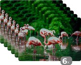 Placemat - Placemats kunststof - Flamingo - Tropisch - Vogel - Water - Roze - 45x30 cm - 6 stuks - Hittebestendig - Anti-Slip - Onderlegger - Afneembaar
