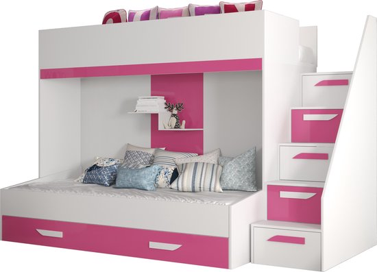 InspireMe - Stapelbed LECKLER 16 - Antresola - 90X200 cm - naar de Kinderkamer - Wit + Roze (zonder Matras)