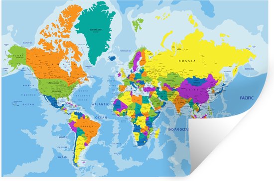 Sticker Muursticker Cartes du monde du Wereldkaart - Couleurs de la carte du monde - 60x40 cm - film adhésif autocollant - sticker mural repositionnable