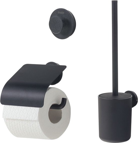 Tiger Urban Toiletaccessoireset - Toiletborstel met houder - Toiletrolhouder met klep - Handdoekhaak - Zwart - Tiger