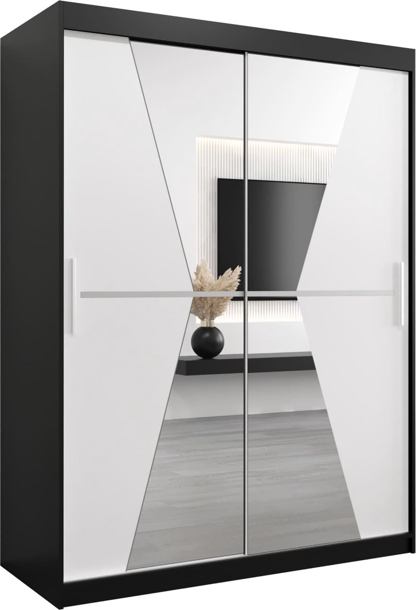 InspireME Kledingkast met 2 schuifdeuren, Modern-stijl, Een kledingkast met planken en een spiegel (BxHxD): 150x200x62 - TOTO 150 Zwart Mat + Wit Mat