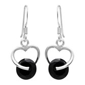 Zilveren oorbellen | Hangers | Zilveren oorhangers, open hart met zwart steentje