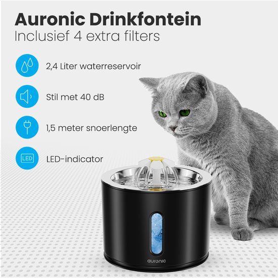 Auronic Drinkfontein - Waterfontein voor Katten en Honden - 2,4L - Dieren Drinkbak - Incl. 4 Filters en 2 Borstels - Zwart