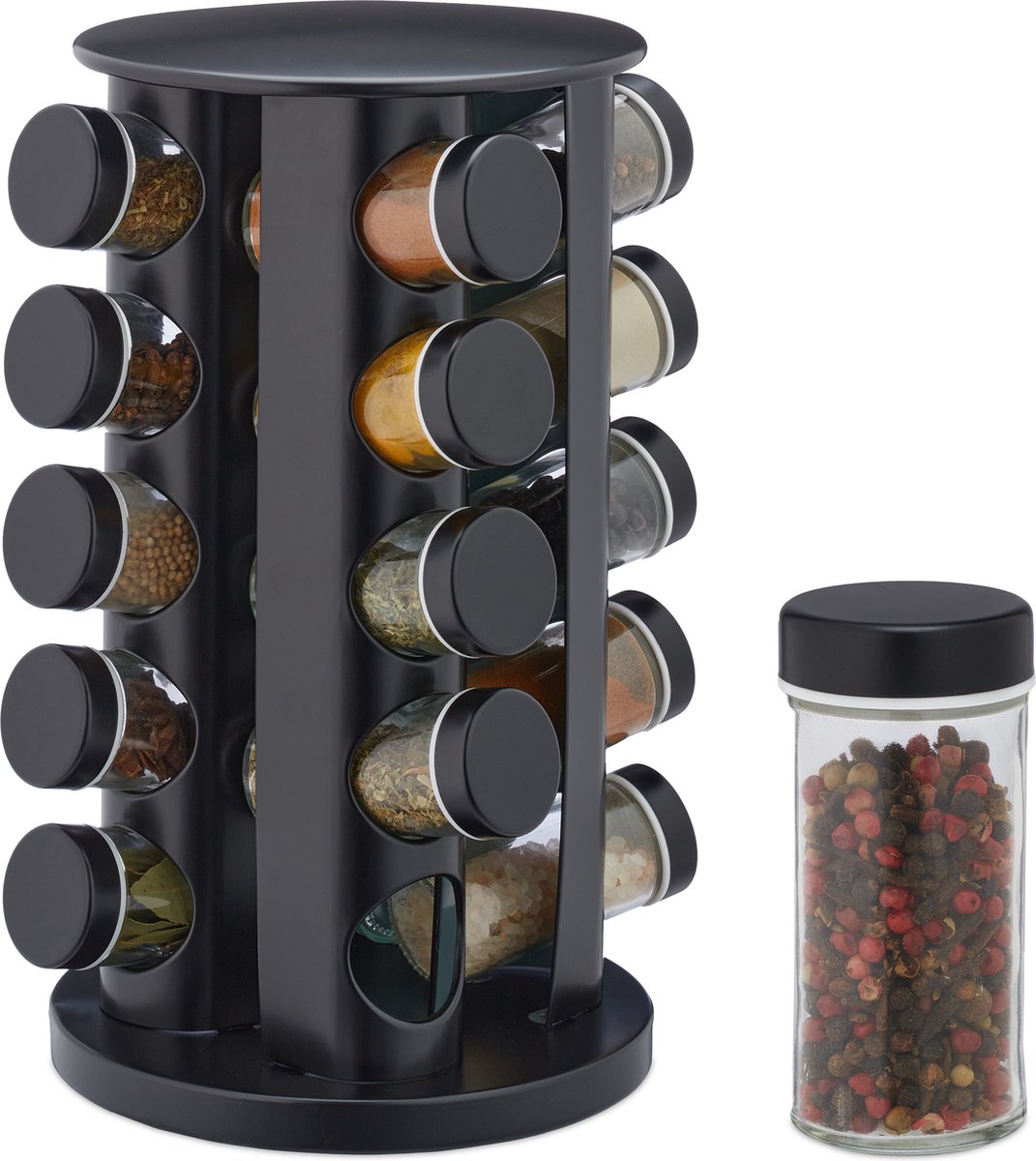 kruidenrek draaibaar - rvs - rond - 20 glazen potjes - strooidop - staand