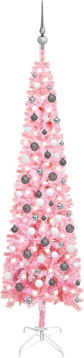 Prolenta Premium - Kerstboom met LED's en kerstballen smal 210 cm roze
