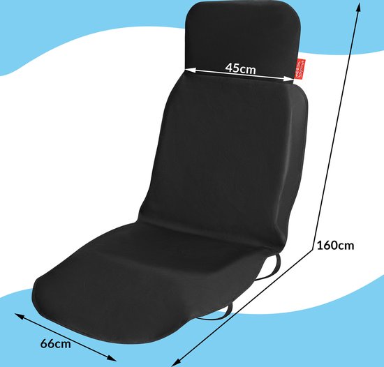 Zwarte autostoelhoes met afmetingen: 66cm breed, 45cm hoofdsteun, 160cm lang.