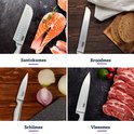 Collage: Santokumes naast zalm, broodmes naast brood, schilmes naast ui, vleesmes naast vlees.