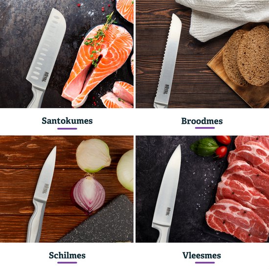 Collage: Santokumes naast zalm, broodmes naast brood, schilmes naast ui, vleesmes naast vlees.