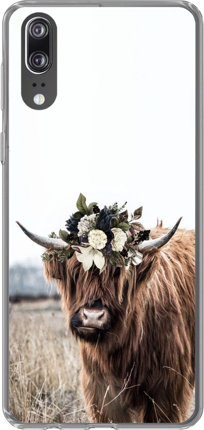 Coque Huawei P20 - Highlander écossais - Fleurs - Animaux - Coque de téléphone en Siliconen