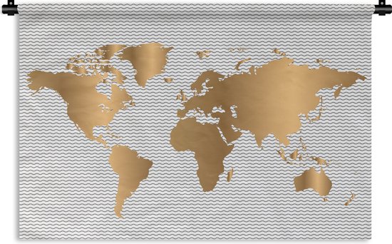 Wandkleed Eigen Wereldkaarten - Wereldkaart Goud Golven Wandkleed katoen 90x60 cm - Wandtapijt met foto