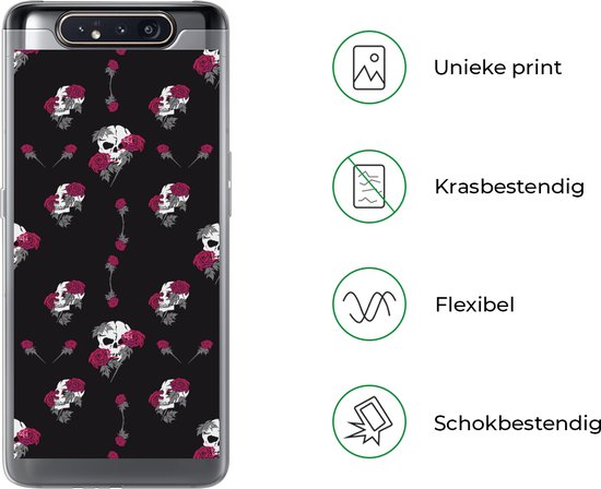 Telefoonhoesje Geschikt voor Samsung Galaxy A80 hoesje - Meiden - Skull - Rozen - Patronen - Girl - Kids - Kinderen - Meisje - Siliconen Telefoonhoesje Telefoonhoesje