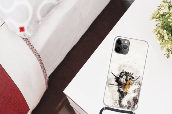 Coque avec cordon iPhone 13 Pro Max - Highlander écossais - Peinture - Fleurs - Siliconen - Bandoulière - Coque arrière avec cordon - Coque pour téléphone avec cordon - Coque avec corde