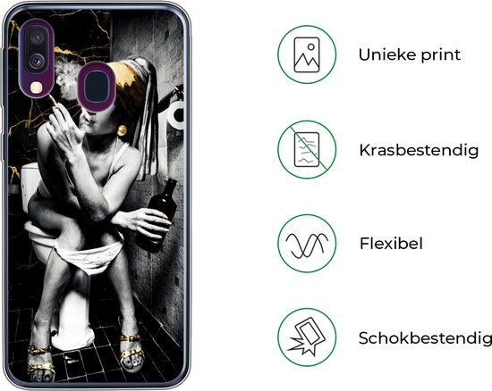 Coque Samsung Galaxy A40 - Aspect Marbre - Fille avec une Boucle d'Oreille Perle - Cigarettes - Toilettes - Or - Art - Maîtres Anciens - Coque de Téléphone en Siliconen