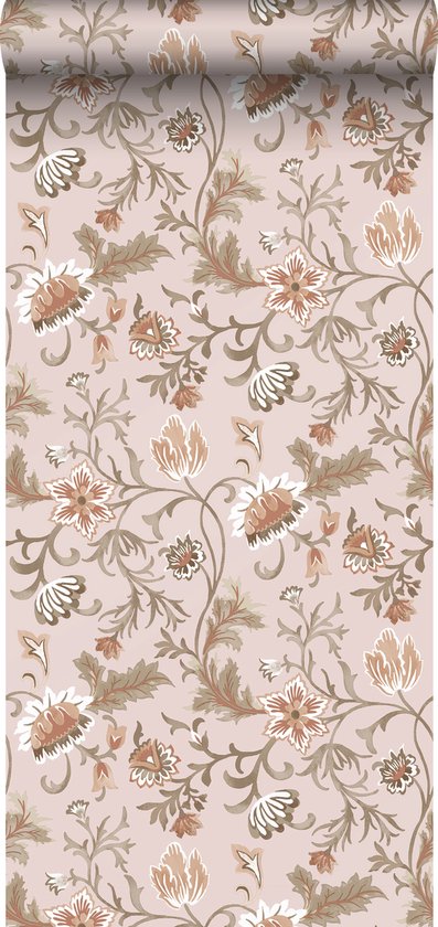 ESTAhome papier peint fleurs vintage vieux rose, terre cuite et vert - 139478 - 0,53 x 10,05 m
