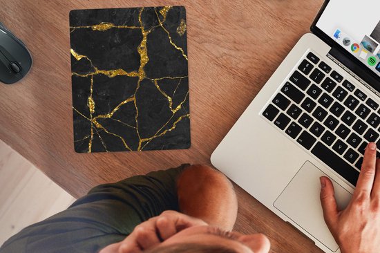 Muismat - Mousepad - Marmer - Goud - Zwart - Marmerlook - Glitter - 19x23 cm - Muismatten