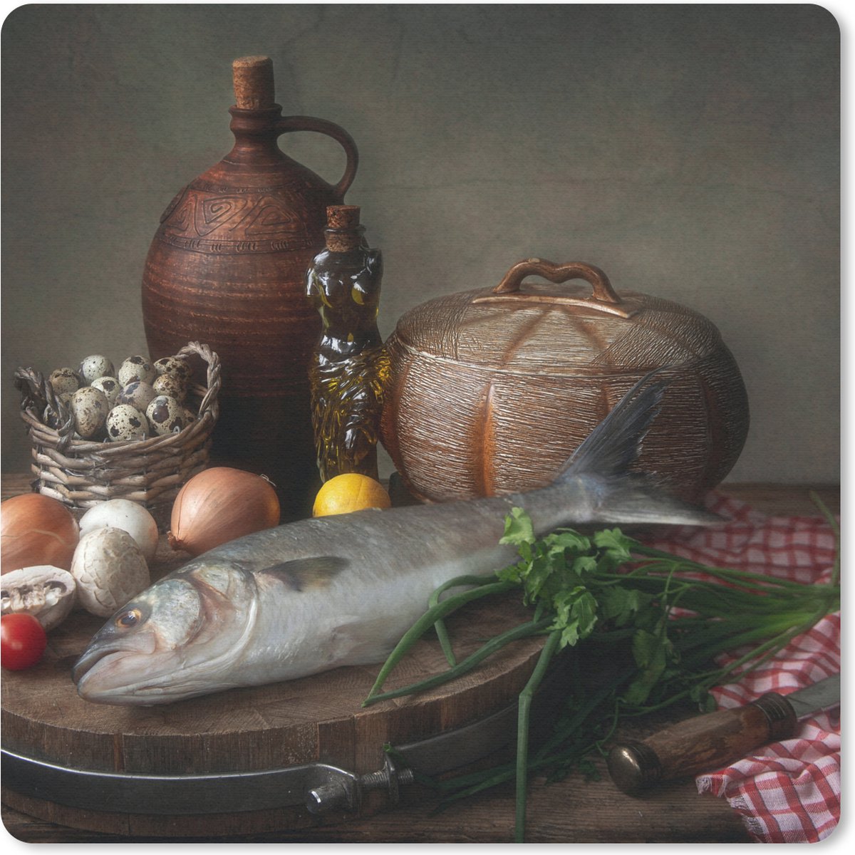 Muismat 20x20 cm - Mousepad Rustiek - Vis - Stilleven - Groente - Kruiden - Muismatten