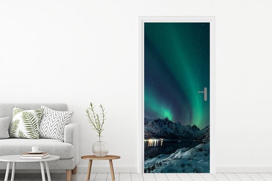 Sticker pour porte Aurores Boréales - Berg - Neige - Vert - Ciel étoilé - Hiver - 90x205 cm - Door Poster