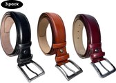 AKA deri-Riemen heren 3 pack (Zwart - Cognac - Bordeaux  ) - Sportief - Echt Leer-Taille: 120 cm - Totale lengte riem: 135 cm-cadeau voor man-Breedte 4 cm