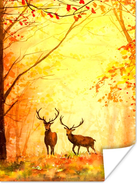 Poster Natuur - Olieverf - Hert - Dieren - Herfst - Oranje - 120x160 cm XXL