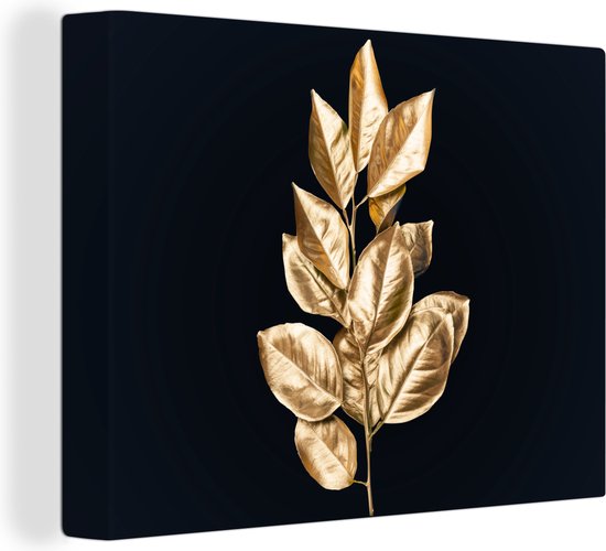 Canvas Schilderij Plant - Bladeren - Goud - Zwart - Luxe - 120x90 cm - Wanddecoratie