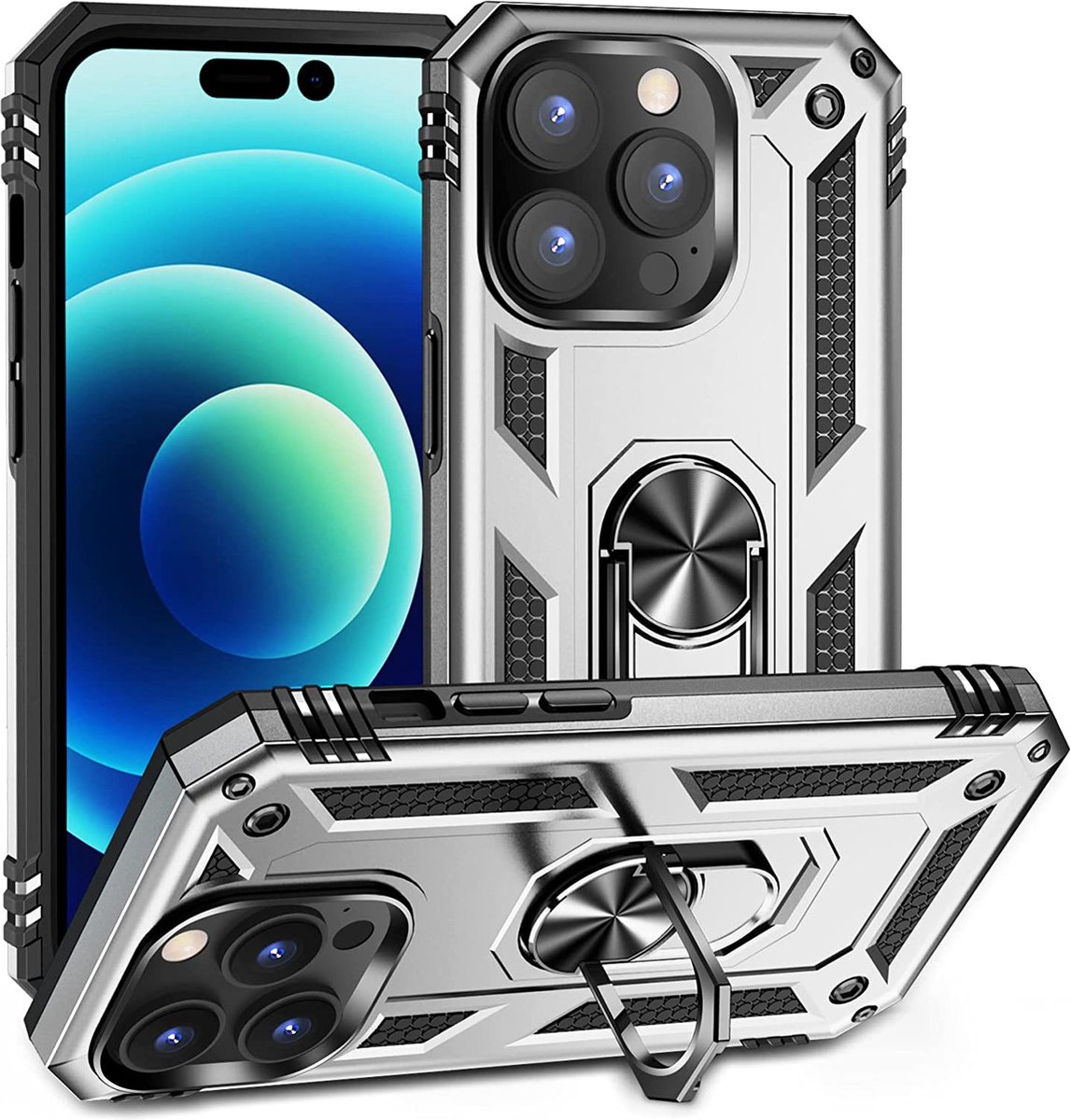 Anti-Shock Hybrid Ring Armor Hoesje Geschikt voor: iPhone 14 Pro - zilver