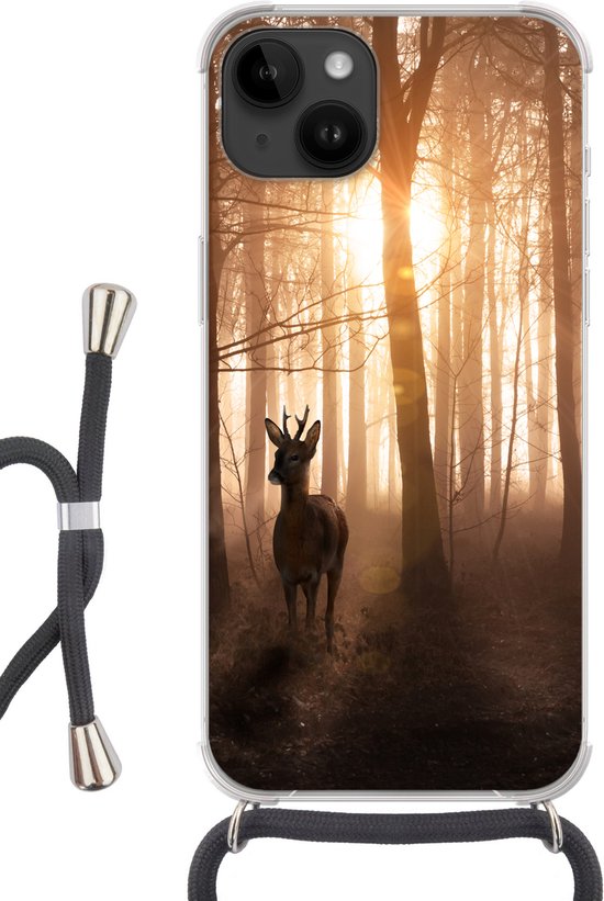Apple iPhone 14 - Étui à bandoulière - Forêt - Cerf - Soleil - Arbres - Hiver - Nature - Animaux - Siliconen - Bandoulière - Coque arrière avec cordon - Étui pour téléphone avec cordon - Étui avec corde