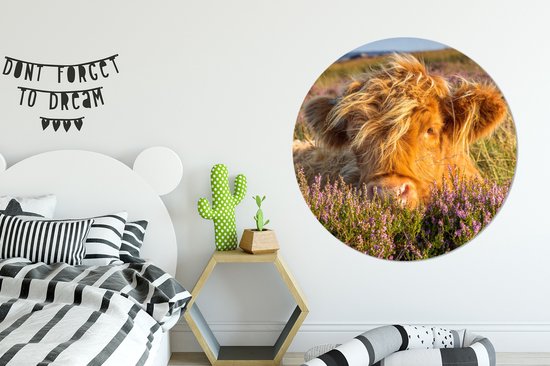 WallCircle - Stickers muraux - Cercle Papier Peint - Highlander écossais - Bruyère - Herbe - Animaux - 140x140 cm - Cercle Mural - Auto Adhésif - Autocollant Papier Peint Rond