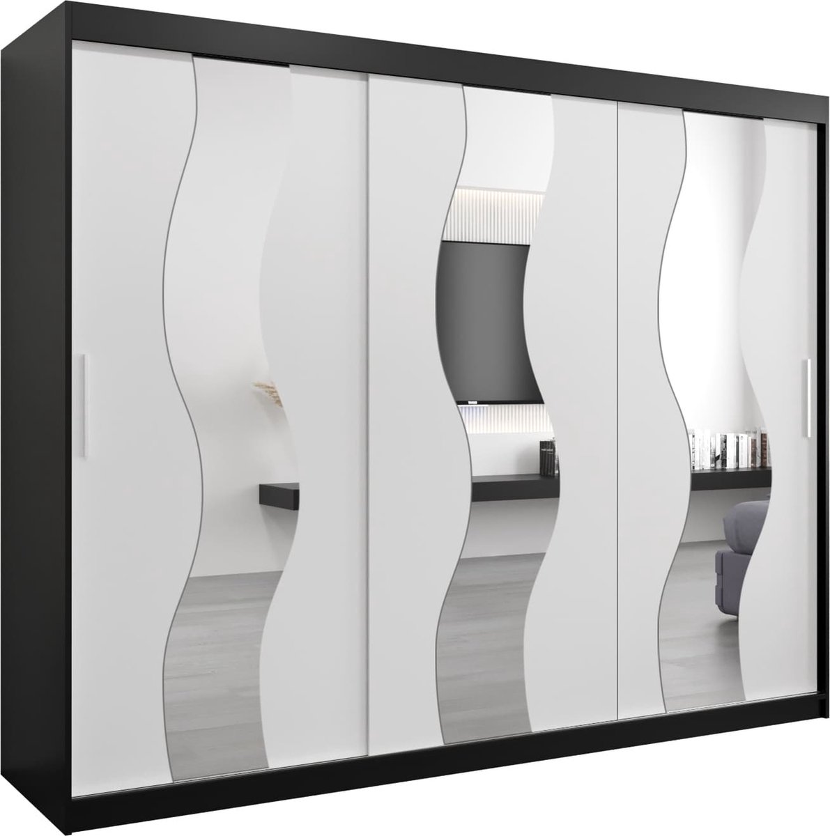 InspireME Kledingkast met 3 schuifdeuren, Modern-stijl, Een kledingkast met planken en een spiegel (BxHxD): 250x200x62 - REESE 250 Zwart Mat + Wit Mat