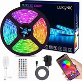 Luxonic LED-strips, Bluetooth, LED-strips, waterdicht, 5050 RGB, 5 m, 150 LED\'s, besturing via app van smartphone Android en iOS, met Bluetooth-ontvanger en stroomvoorziening 12 V en IR-afstandsbediening [Energy Class A+]