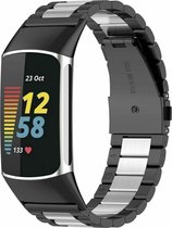 Stalen Smartwatch bandje - Geschikt voor Fitbit Charge 5 / Fitbit Charge 6 stalen band - zwart/zilver - Strap-it Horlogeband / Polsband / Armband