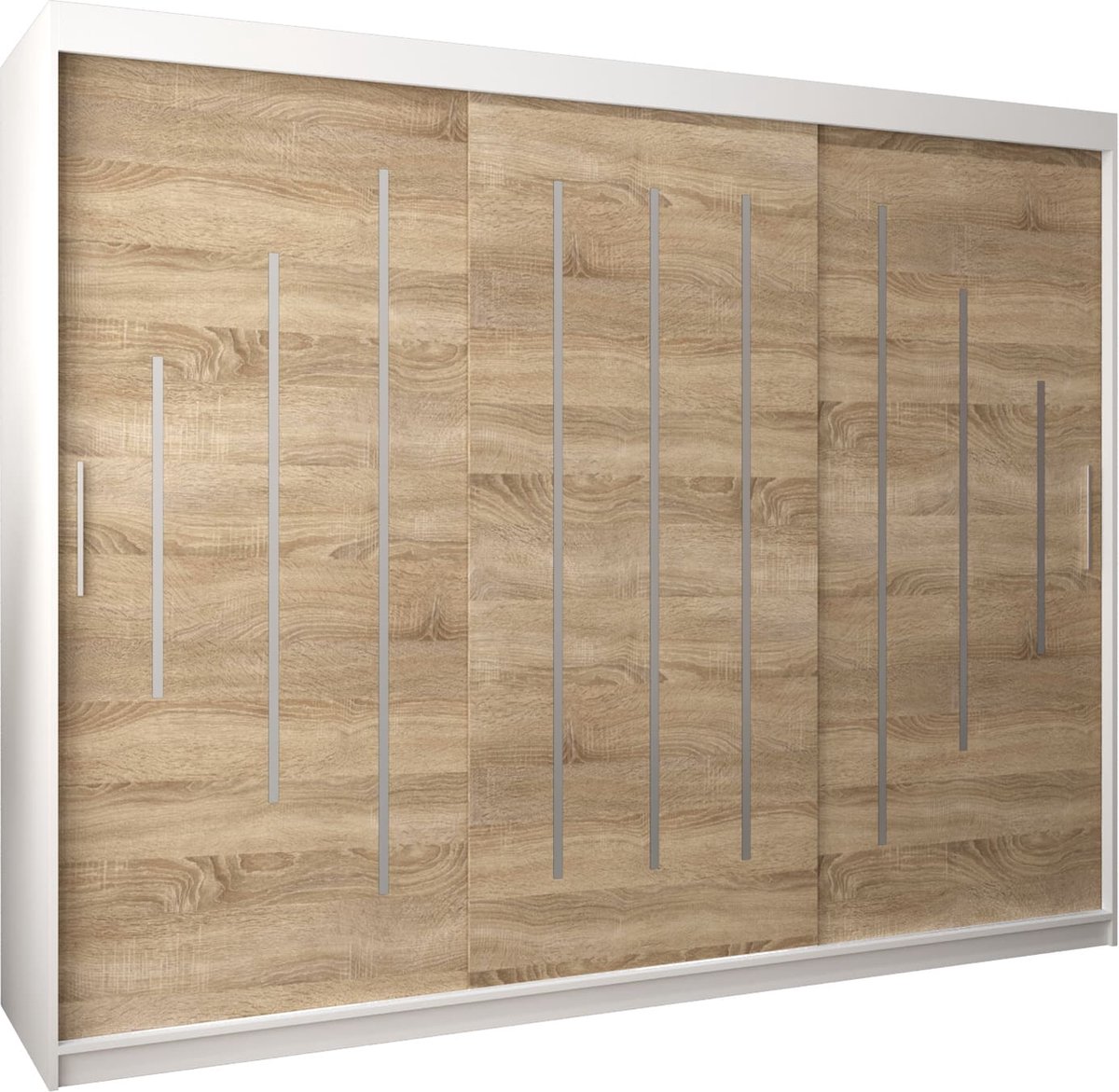 InspireME Kledingkast met 3 schuifdeuren, Modern-stijl, Een kledingkast met planken (BxHxD): 250x200x62 - MALTESE 250 Wit Mat + Sonoma Eik