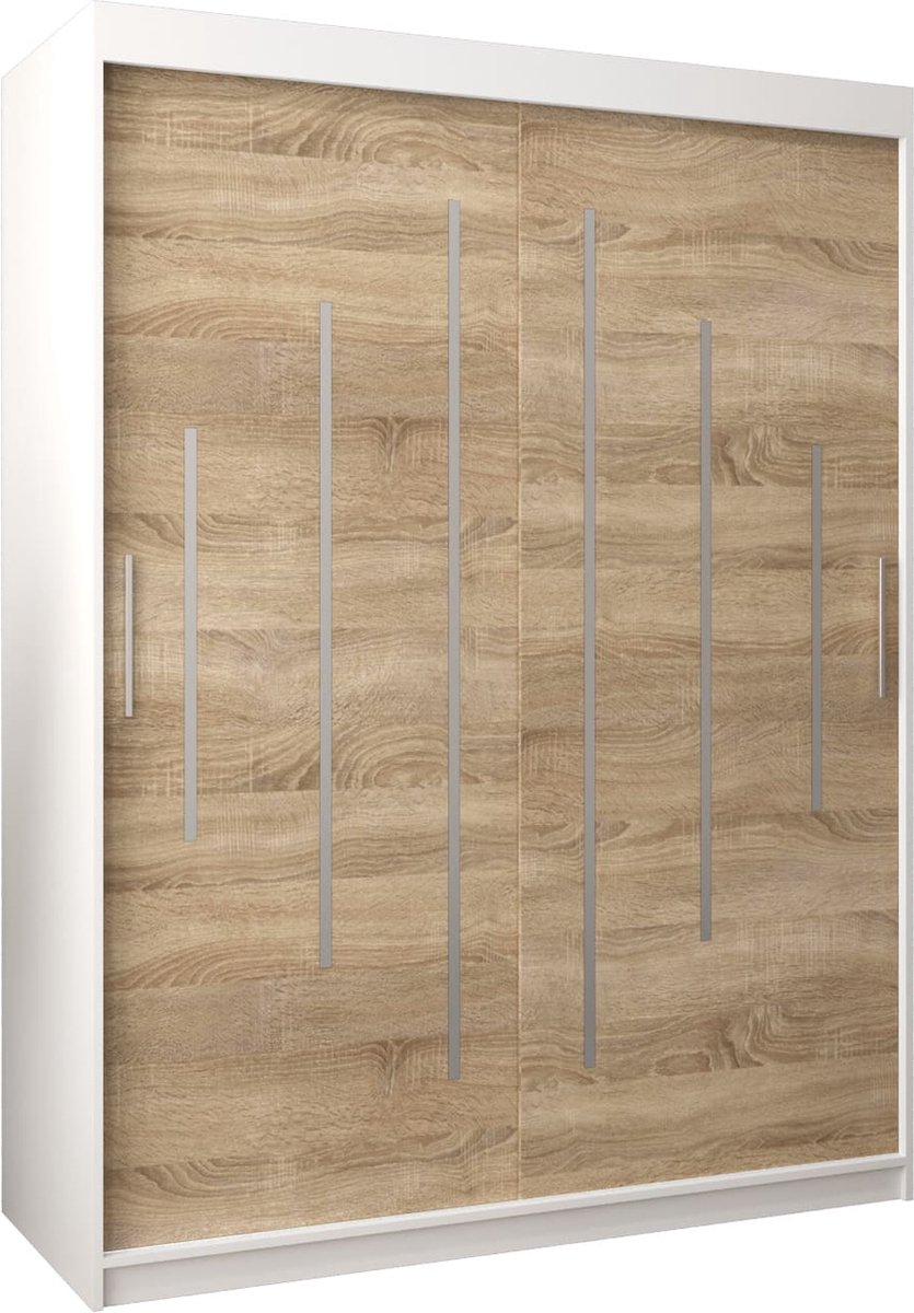 InspireMe - Kledingkast met 2 schuifdeuren, Modern-stijl, Een kledingkast met planken (BxHxD): 150x200x62 - MALTESE 150 Wit Mat + Sonoma Eik
