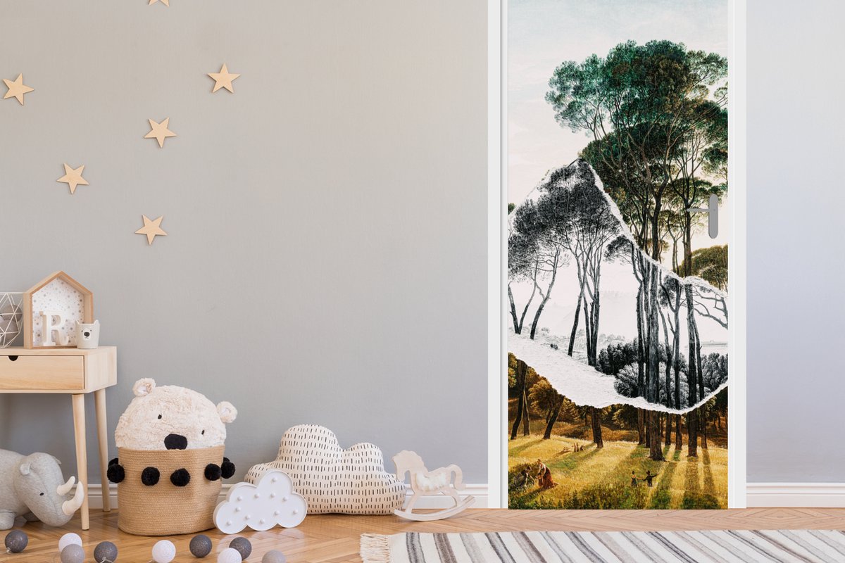 Deursticker Italiaans landschap parasoldennen - Kunst - Hendrik Voogd - Schilderij - Zwart