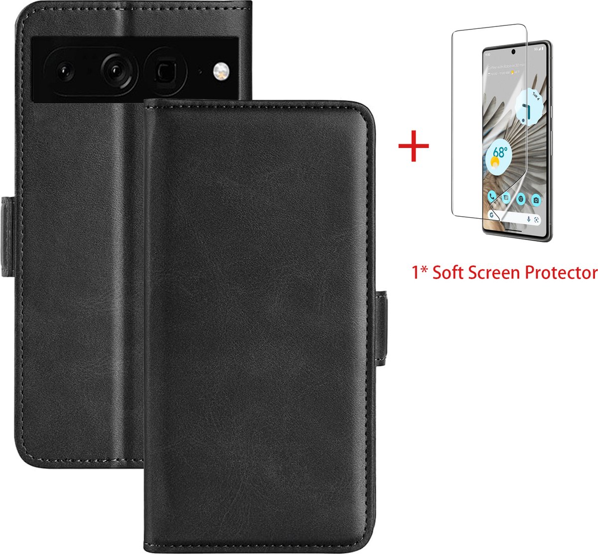 Somstyle Hoesje Leer Met Screenprotector Geschikt voor Google Pixel 7 Pro - Wallet Book Case - Zwart