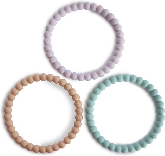 Mushie - Set van 3 Siliconen Bijtring Armbanden - Bijtringen - Lilac-Cyan-Soft Peach
