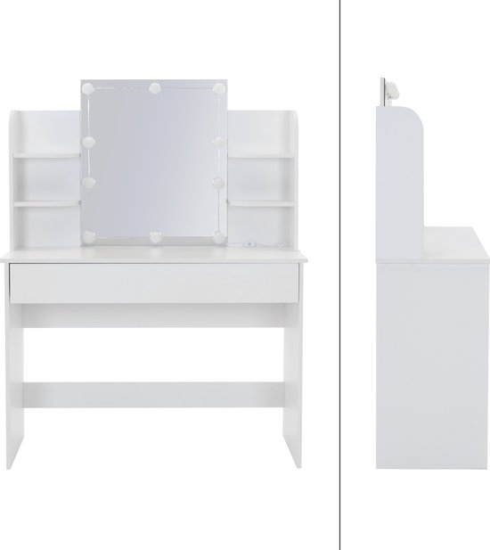 Kaptafel Sherry Wit/Goud 120 cm met LED-verlichting en kruk Vicco | Wit/Goud | met spiegel, kruk