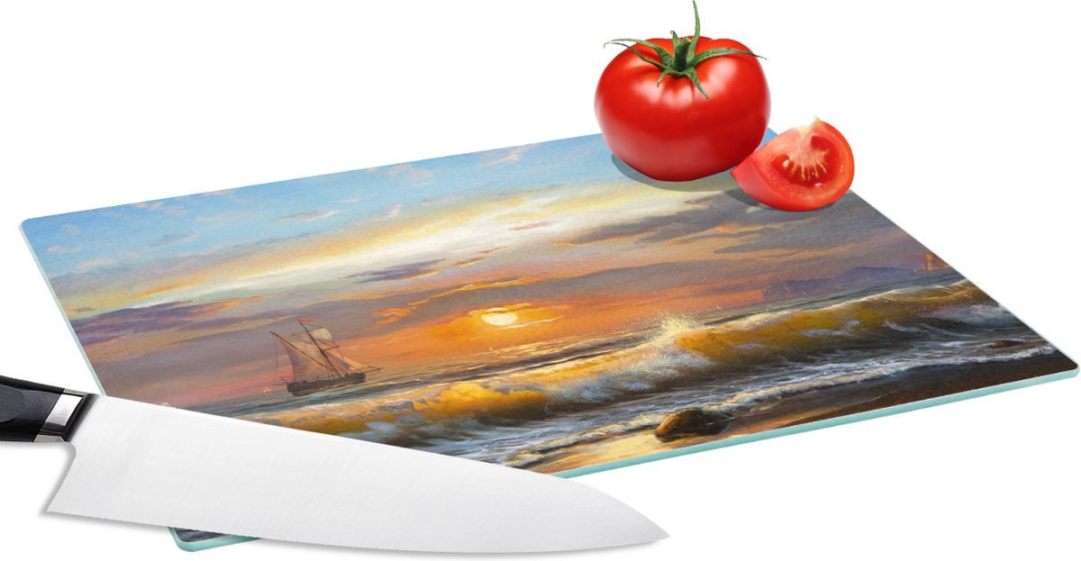 Glazen Snijplank - 28x20 - Schilderij - Water - Zeilboot - Olieverf - Snijplanken Glas