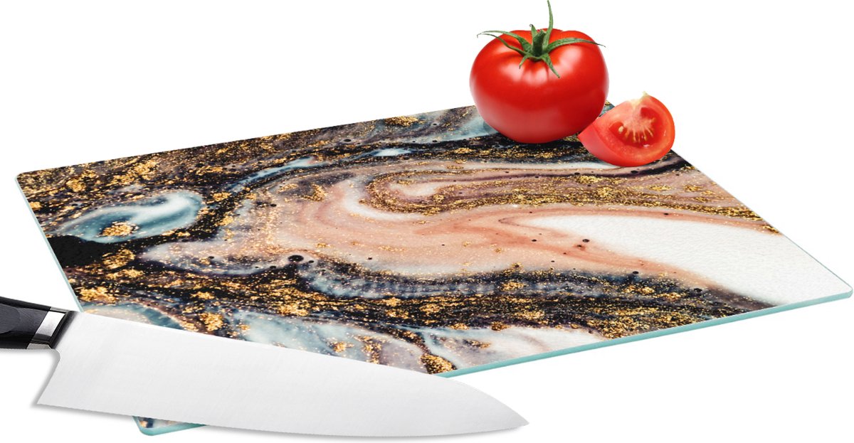 Glazen Snijplank - 28x20 - Marmerlook - Goud - Zwart - Glitter - Chic - Snijplanken Glas