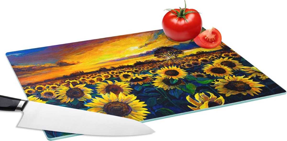 Glazen Snijplank - 39x28 - Schilderij - Olieverf - Bloemen - Zonnebloem - Snijplanken Glas