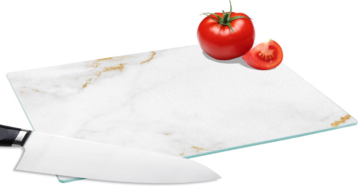 Glazen Snijplank - 28x20 - Marmer - Goud - Wit - Luxe - Snijplanken Glas