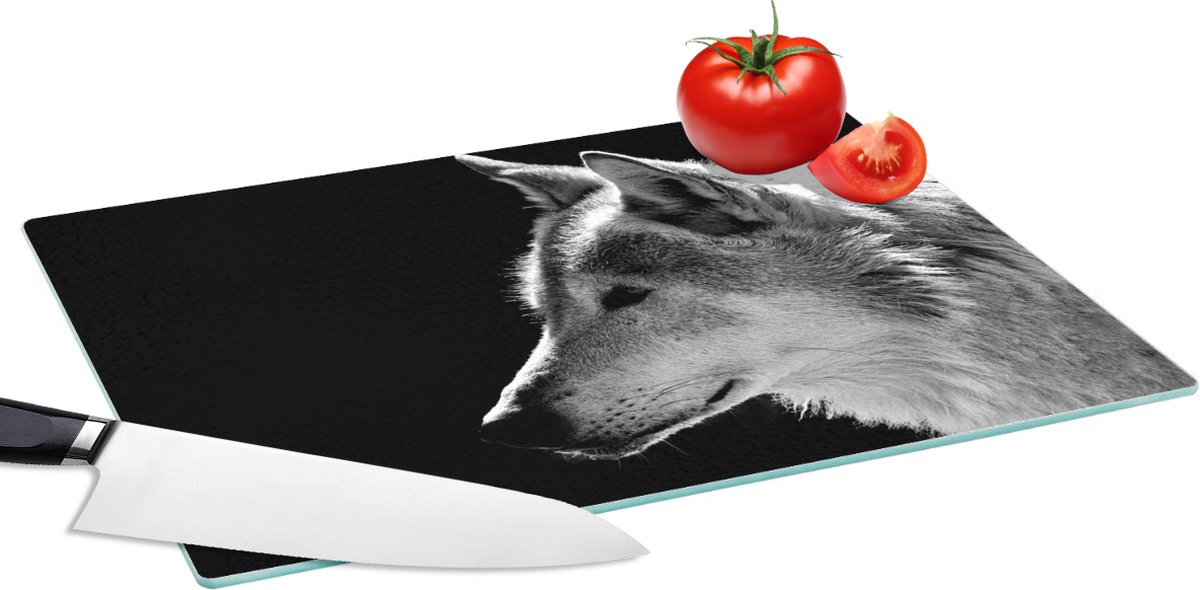 Glazen Snijplank - 39x28 - Wilde dieren - Wolf - Zwart - Wit - Snijplanken Glas
