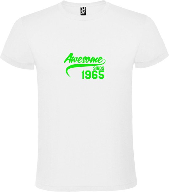 Wit T-Shirt met “Awesome sinds 1965 “ Afbeelding Neon Groen Size XS