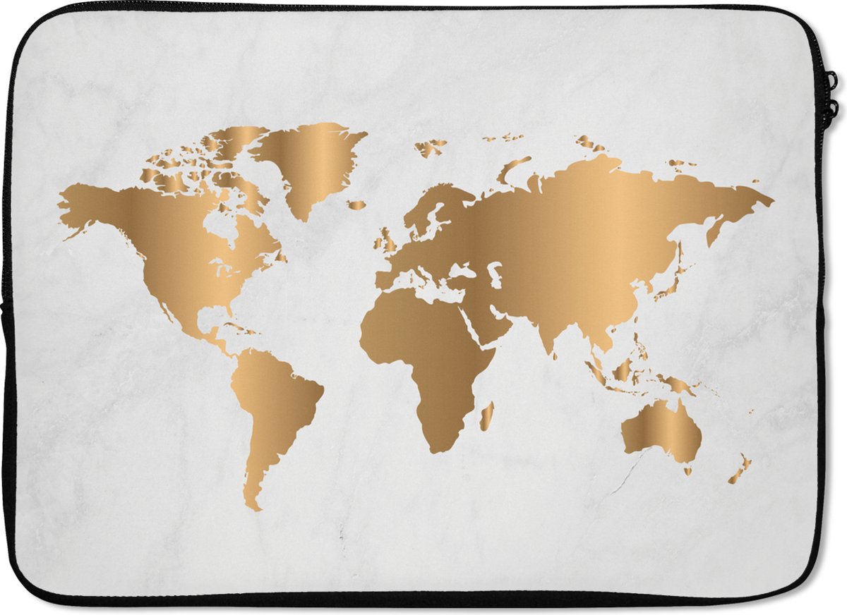 Laptophoes - Wereldkaart - Goud - Wit - Marmer print - 14 inch - Luxe - Laptopsleeve