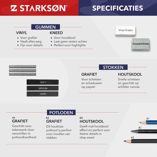 STARKSØN Professioneel 41-Delige Potloden Tekenset incl. Tekenpotloden, Schetspotloden, Schetsboek & Accessoires - Tekenen met Houtskool & Grafiet